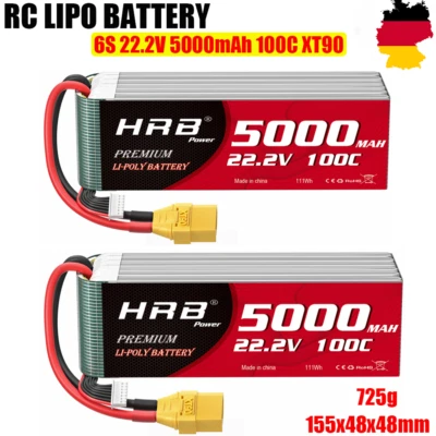2PCS HRB 6S 22.2V 5000mAh Lipo Akku 100C XT90 für RC Hubschrauber Flugzeug Quad - Bild 1 von 4