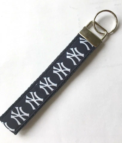 NEW YORK YANKEES Ribbon Key Chain Wristlet / Key Fob, Blue, Handmade, Free Ship Cover