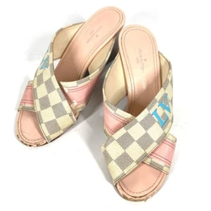 LOUIS VUITTON Damier Azur LV logo Shoes Wedge sole Sandals - Picture 1 of 14