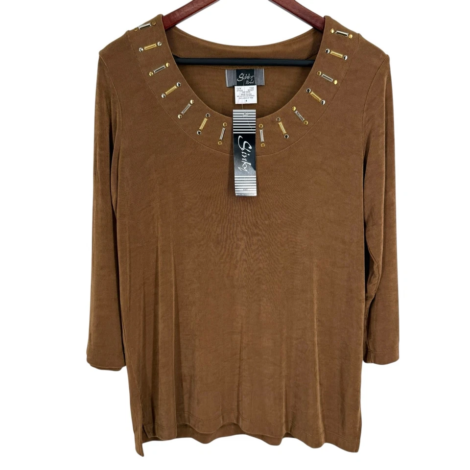 NEW NWT Slinky Brand Small Brown Formal Artsy Wearable Art Blouse Shirt Top - Image 1 of 4