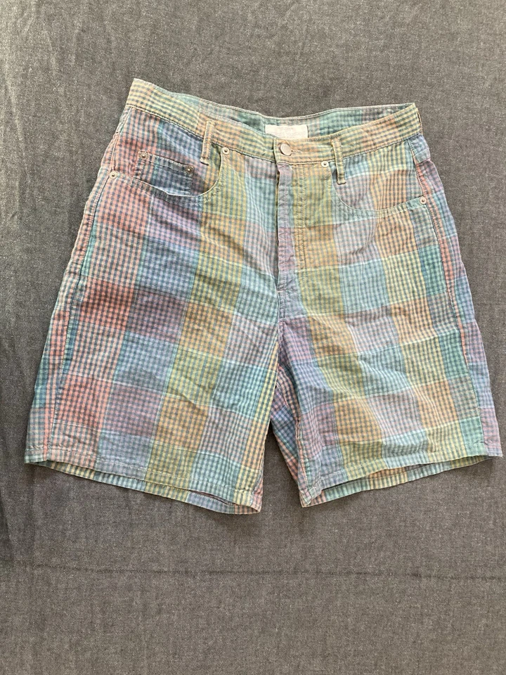 Pantalones Cortos Vintage Guess by Georges Marciano Talla 1 Pastel Guinga Botón Mosca Foto 1 de 4
