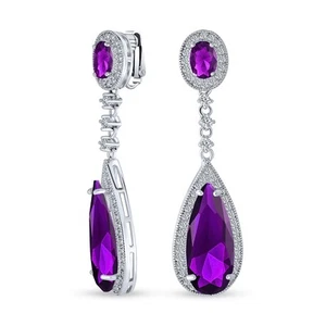 Statement Teardrop CZ Dangle Chandelier Clip-On Earrings Silver Plated - Picture 1 of 24