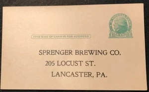 1¢ TARJETA DE ORDEN POSTAL DEL GOBIERNO SPRENGER BREWING CO. LANCASTER, PA - Imagen 1 de 2