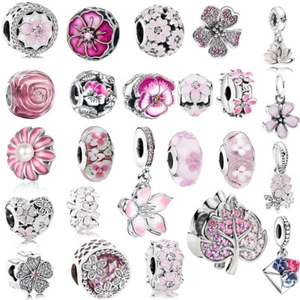 Sparkling Pink Flowers Series Cherry Blossom Daisy Charm Beads Fit Original 925 - Picture 1 of 39