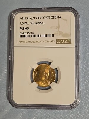 EGIPTO ORO 50 PIASTRAS REY FAROUK AH1357-1938 NGC MS 65 BODA REAL MS65 GEMA Foto 1 de 4