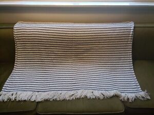 Peacock Alley Blanket 68” X 48” Cream With Navy Blue Design Made In Portugal EUC