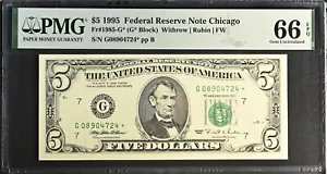 1995 $5 Federal Reserve Note Fr-1985-G* Chicago PMG66 Gem EPQ - Picture 1 of 2
