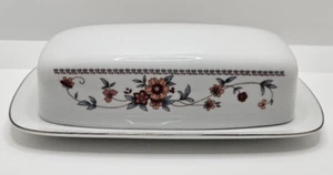 Sheffield Anniversary White Gray Rust Floral 1/4 LB Covered Butter Dish Plate - Picture 1 of 6