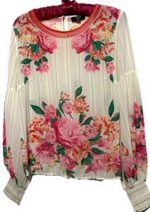 VICI Top M Beautiful Silky White With Pink Floral Print Cottagecore Shirt Blouse - Picture 1 of 7