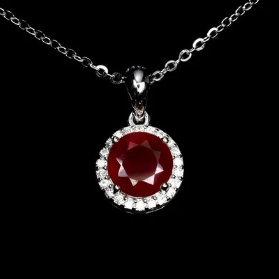 925 Sterling Silver Necklace Round Ruby 7mm Natural Gemstone Jewelry 18 Inches - Image 1 of 4
