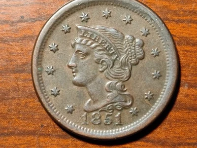 1851 Braided Hair Large cent  xf/au - Image 1 of 2