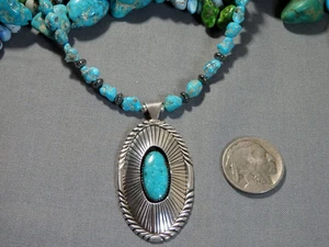 NAVAJO S.Tom Natural KINGMAN TURQUOISE Sterling Silver 2" Pendant 20" Necklace - Picture 1 of 14