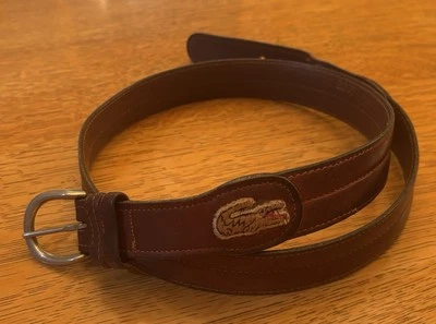 Vintage Lacoste Leather & Elastic Belt Yellow And Brown Alligator Logo Sz 34 - Image 1 of 4