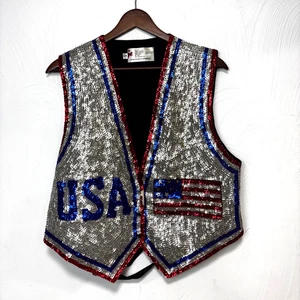 Vintage JC USA Sequin Handmade Vest Patriotic American Flag Button Up Unisex M - Picture 1 of 8