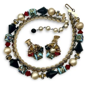 Demi Parure MILLEFIORI GLAS Perlen Kette Halskette Ohrringe Italy LESEN 🔥!SALE!🔥 - Bild 1 von 16