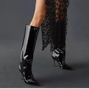 Larroudé Kate Black Patent Leather Heeled Tall Boots Women’s Size 7 - Picture 1 of 13