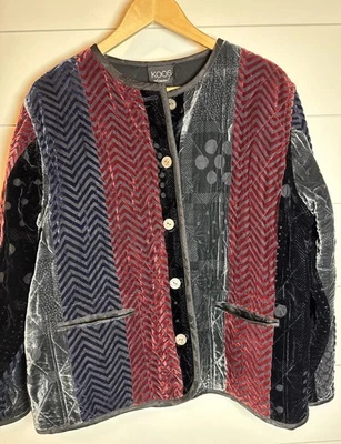 KOOS Of Course! Sz L Quilted Velvet Print Coat Jacket Silk Blend Art To Wear - Image 1 of 4