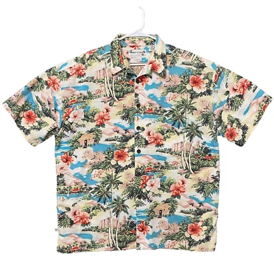 Robert Stock 男式 XL 纽扣夏威夷衬衫,木槿/棕榈树,热带  — 第 1/4 张图片