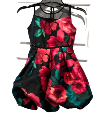 Vestido con dobladillo burbuja adornado floral sin palabras para niñas grandes $84, negro/rojo/verde 7 Foto 1 de 4