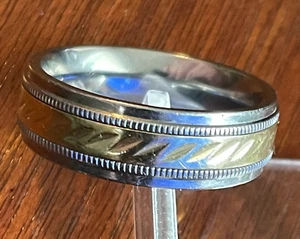 Men's Stainless Steel 10k Yellow Gold Wedding Band Ring Bead Design Sz10 - Picture 1 of 7