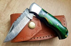 green hunting survival handmade folding DAMASCUS knife + leather sheat Classic