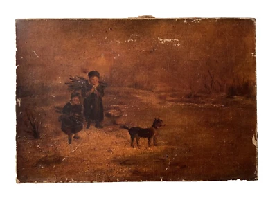 MISTERIO SIGLO XIX INNESS? - NIÑOS Y PERROS EN INVIERNO - PINTURA AL ÓLEO TONALISTA Foto 1 de 4
