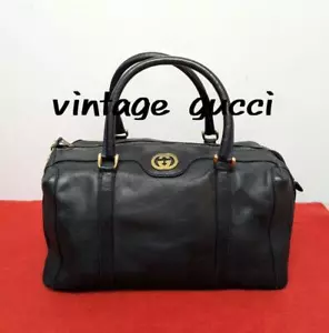 Gucci Leather Mini Boston Bag Hand Bag Navy Old Gucci Vintage Super Rare Used Ex - Picture 1 of 24