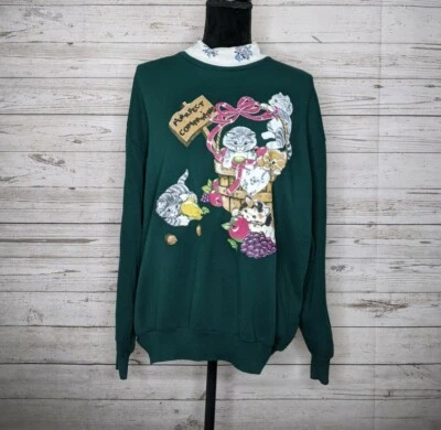 VTG Basic Editions Purrfect Companions Cat Grannycore Turtleneck Sweatshirt XL - Image 1 of 4