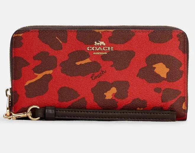 R Coach Long Zip-Around Wallet Red Leopard Wristlet Cheetah C6428 Leopardo FS