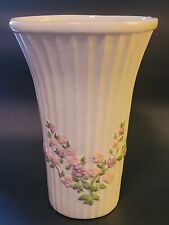 9.25" tall Modern Napco China Ceramic Vase Ribbed w/Pink & Purple Floral Flowers