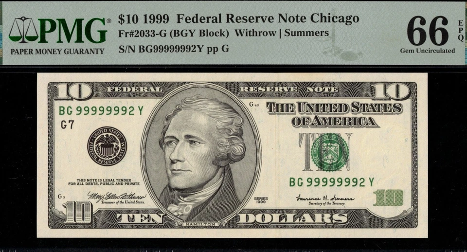 1999 $10 FRN BG99999992Y P.M.G #66EPQ - Image 1 of 3