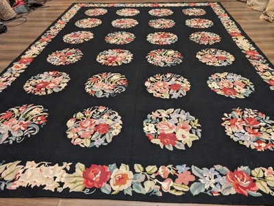Black Needlepoint Rug 9x12, Floral, Handmade, Vintage - Image 1 of 4