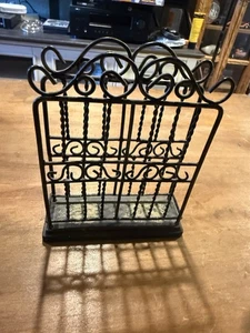 MAIL LETTER HOLDER VINTAGE GOLD BLACK IRON WOOD SCROLL DESK ACCESSORY - Picture 1 of 1