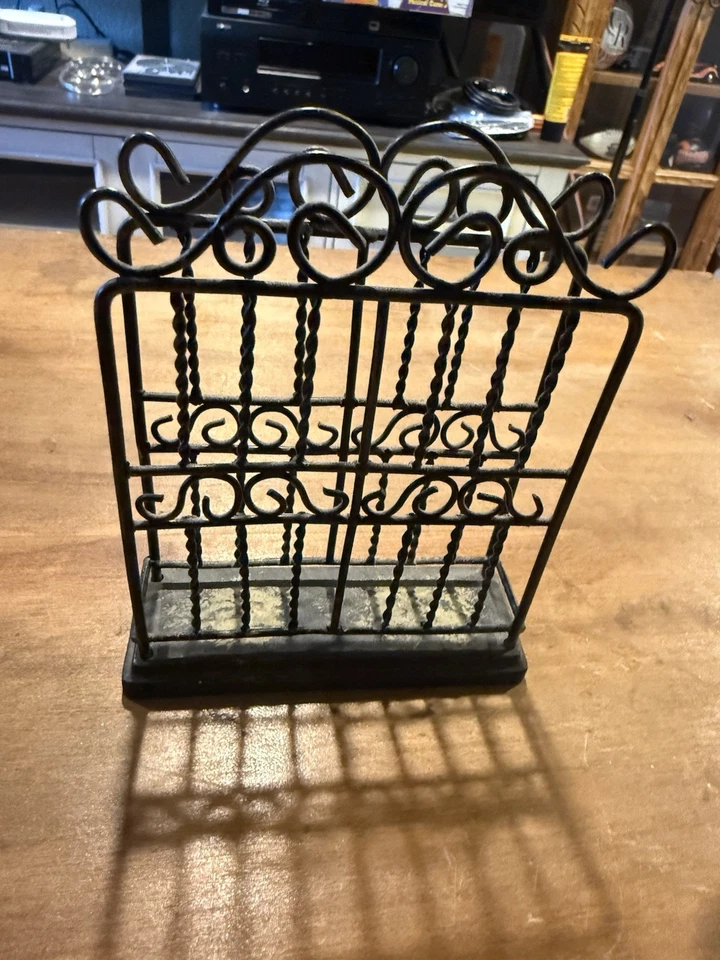 MAIL LETTER HOLDER VINTAGE GOLD BLACK IRON WOOD SCROLL DESK ACCESSORY - Image 1 of 1