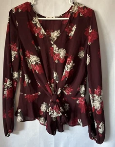 Maurices Women’s Floral Faux Wrap Long Sleeve Peplum Top Front Tie Sz Small - Picture 1 of 7