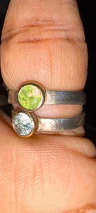 TWO 925 Sterling Pinkie rings/ 14k Gold Accent Bezel SZ 6 Green/Blue Stones - Picture 1 of 4