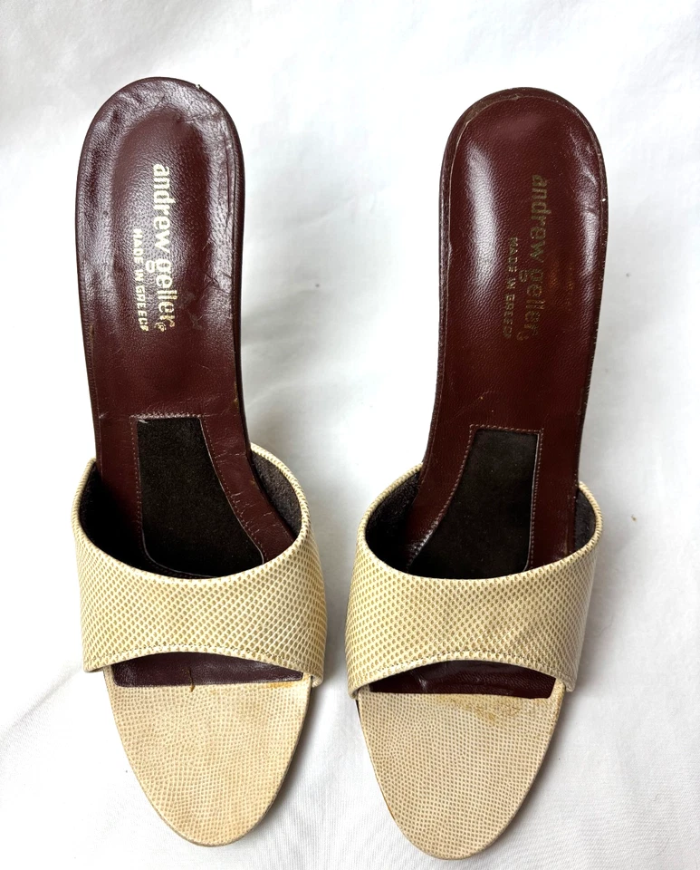 Vintage ~ ANDREW GELLER - heeled mules w/snakeskin patterned strap ~ sz 9M Women - Image 1 of 4
