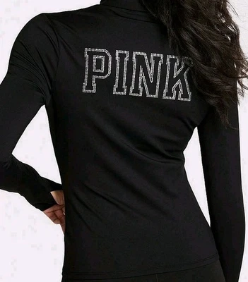 🩷 CHAQUETA Victoria's Secret rosa relé cremallera completa grande Negro Bling Logo VS404 Foto 1 de 4