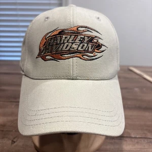 HARLEY DAVIDSON KHAKI FLAME LOGO BASEBALL HAT SIZE S/M - Picture 1 of 8