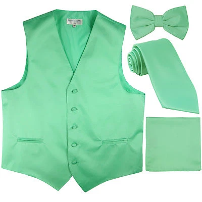 New Men's solid Tuxedo Vest Waistcoat & necktie & Bow tie & Hankie aqua green - Image 1 of 4