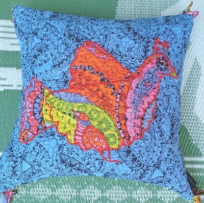 Cynthia Rowley Pillow Case QUILTED Blue COLORFUL Bird TASSELS 19" SQUARE - Image 1 of 4