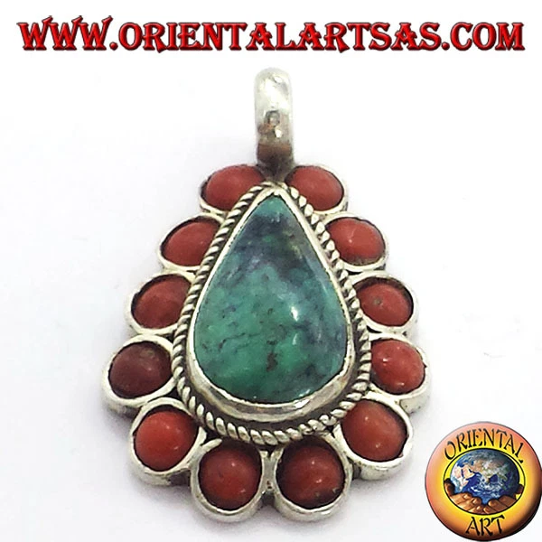 Ciondolo In Argento 925‰ Con Turchese Naturale a goccia e Corallo tibetano .. - Immagine 1 di 1