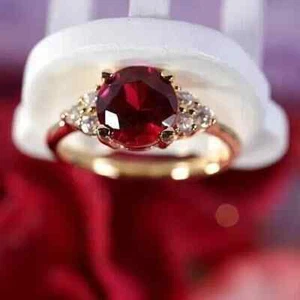 2Ct Round Cut Lab-Created Ruby Diamond Engagement Ring 14K Yellow Gold Plated - Picture 1 of 4