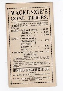 Hugh D. Mackenzie's Kohlepreise Werbekarte Barrington St. - Bild 1 von 2