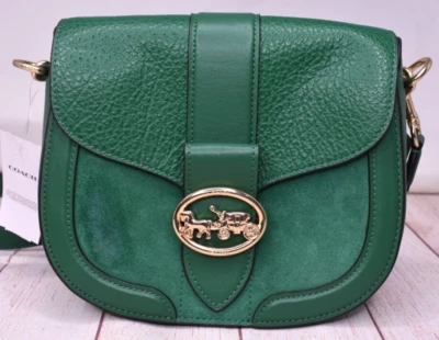 COACH Georgie 马鞍绿色皮革麂皮绒斜挎包钱包 C2805 全新(阅读) — 第 1/4 张图片