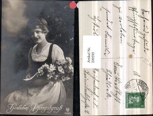 249595,Pfingsten Frau Mädchen m. Kleid Blumenstrauß Blumen - Picture 1 of 1