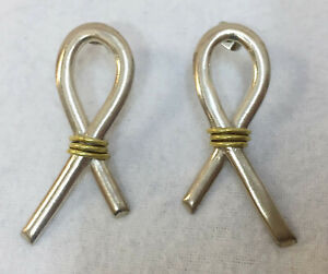 Looped Ribbon Earrings Sterling Silver Brass Wire .925 Pair Vintage Mexico 