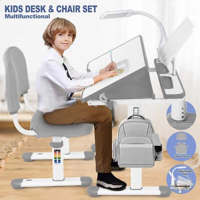 Gray Height Adjustable Kids Study Desk Table Chair Set w/Lamp,Drawer,Chair Cover - Image 1 of 4