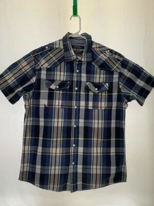 Ecko Unltd Blue Plaid Pearl Snap Short Sleeve Shirt Mens Large - Picture 1 of 3