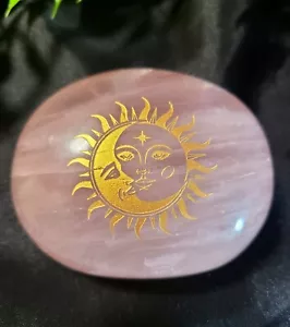 Large 3" 197g A+ Beautiful Rose Quartz Gold Sun & Moon Palm Stone Crystal Love - Picture 1 of 9